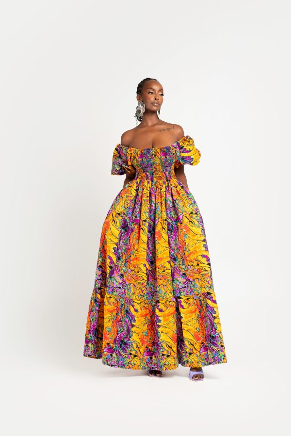 LISA African print smocked maxi dress (PUFFY SLEEVE) Supply - Image 3